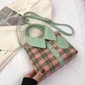 Pink and green plaid handbag with shirt collar design and adjustable shoulder strap - Green