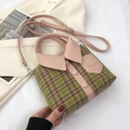 Creative shirt-shaped plaid handbag with green and pink tweed fabric and leather strap - Pink