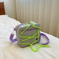 Gray square crossbody bag with purple strap and neon yellow elastic cord detail - Gray