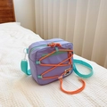 Children's purple nylon crossbody bag with teal straps and orange bungee cord design - Purple
