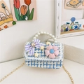 Blauwe tweed schoudertas voor kinderen met kant, parelhandvat en bloemdecoratie - Blauw