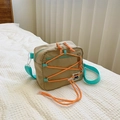 Kids trendy khaki square messenger bag with blue strap and orange bungee cord - Khaki