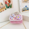 Roze tweed handtas voor meisjes met parelmoeren handvat en cartoon bloembedeltjes - rozenroze