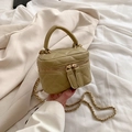 Olive green quilted mini crossbody bag with gold chain strap and top handle for women - Khaki