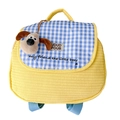 Yellow quilted kids backpack with blue gingham flap and cute plush dog charm - Large / Yellow