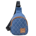 Blue denim crossbody bag for kids featuring white diamond quilting and adjustable strap - Vertical / Light Blue