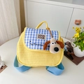 Yellow quilted kids backpack with blue gingham flap and cute cartoon dog pendant - Small / Yellow