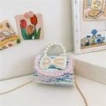 Mini sac en tweed coloré pour filles avec noeud perlé, dentelle et chaîne dorée - Bleu Rose Vertical