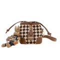 Retro-Kinder-Beuteltasche mit Karomuster, braunem Lederbesatz und Hasen-Anhänger - Braun Rautenmuster Mit Anhänger