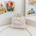 Mini sac en tweed rose pour filles avec poignée en perles, nœud et chaîne en métal - Rose Vertical