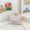 Mini sac bandoulière en tweed rose et vert avec nœud en perles et chaîne dorée fille - Rose Vert Vertical