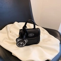 Mini black PU leather handbag with bear charm and embroidery for young girls - Black
