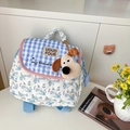 Quilted children backpack with blue rabbit pattern and cute dog plush pendant - Small / Blue
