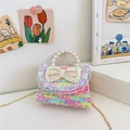 Mini colorful tweed handbag with large pearl bow and elegant gold chain strap - Vertical Multicolor