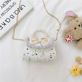 White tweed mini bag for girls with pearl handle and colorful sequin bow accessory - Vertical White