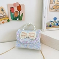 Mini lavender tweed girl purse with pearl bow, lace trim, and golden metal chain strap - Vertical Blue