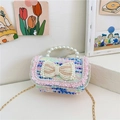 Mini colorful tweed handbag for girls with pearl bow and golden chain strap - Horizontal Pink Blue