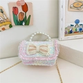 Pink tweed mini handbag for girls with pearl bow and golden metal chain strap - Horizontal Green