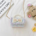 Mini colorful tweed crossbody bag for girls with pearl bow and beaded handle - Horizontal Blue