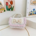 Pink and white tweed mini princess bag with large pearl bow and gold chain strap - Horizontal Pink