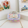Colorful tweed mini bag with pearl bow and handle for kids in crossbody style - Horizontal Multicolor