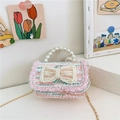 Pink tweed mini handbag with a large pearl bow accent and golden chain strap - Horizontal Pink Green