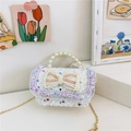 Mini white tweed girls crossbody bag with colorful sequins and pearl bow handle - Horizontal White