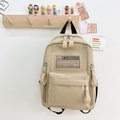 Mochila infantil beige minimalista de lona con bolsillos y cremalleras funcionales - Caqui