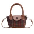 Fashionable girls' red and green plaid mini handbag with brown leather strap - Coffee