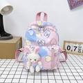 Pink and blue gradient kids backpack with cute plush rabbit and heart patterns - Pink