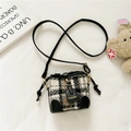 Kids quilted black and white tweed bucket bag with leather strap for girls fashion - Black Square Pattern Without Pendant