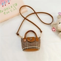 Brown plaid mini crossbody bag for girls with leather trim and gold hardware - Khaki