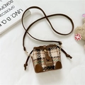 Brown plaid quilted bucket bag for girls with leather trim and adjustable shoulder strap - Brown Square Pattern Without Pendant