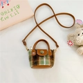 Mini borsa a mano da bambina a quadri verdi con pompon e tracolla in pelle marrone - Marrone