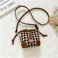 Girl's brown vintage quilted bucket bag with crossbody strap and gold fashion plaque - Brown Diamond Pattern Without Pendant