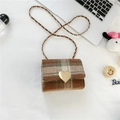 Girl's mini vintage crossbody bag featuring brown plaid pattern and gold heart buckle - Brown