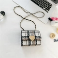 Mini girls crossbody bag in black and white tweed with golden heart clasp closure - White