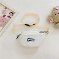 White canvas waist bag for kids with adjustable strap and blue Pila brand label - White