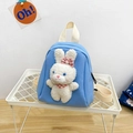 Zaino per bambini in tela azzurra con simpatico peluche di coniglio 3D e fiocco - Blu