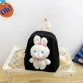 Zainetto in tela nera per bambini con coniglietto di peluche 3D e fiocco a quadretti - Nero