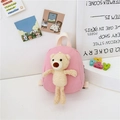 Mini zaino rosa in tela per bambini con orsetto di peluche 3D e spallacci color crema - Rosa