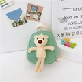 Mini zaino in tela verde menta per bambini con un morbido orsetto di peluche beige decorativo - Verde