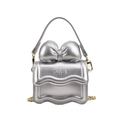 Mini silver girls cross-body bag with metallic bow and wavy flap design - Silver