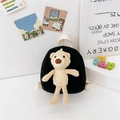Black canvas mini backpack for kids featuring a cute 3D plush teddy bear and cream straps - Black