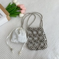 Silver beaded mini handbag for girls with white satin drawstring liner and chain strap - Silver