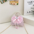 Kids lavender handbag with pink lace bow, pearl handle and sparkly sequins decor - Solid Bow Decor Pink
