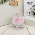 Light gray girls handbag with pink bow and pearl handle for princess outfit - White Bow