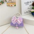 Kids purple sequin handbag with pearl handle and large lace bow decoration - Purple Bow