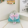 Blue tweed toddler princess handbag with pink mesh bow and pearl top handle - Blue Bowknot