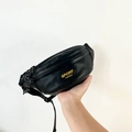 Minimalist black matte leather waist bag for kids with yellow Sport Fashion label - Black